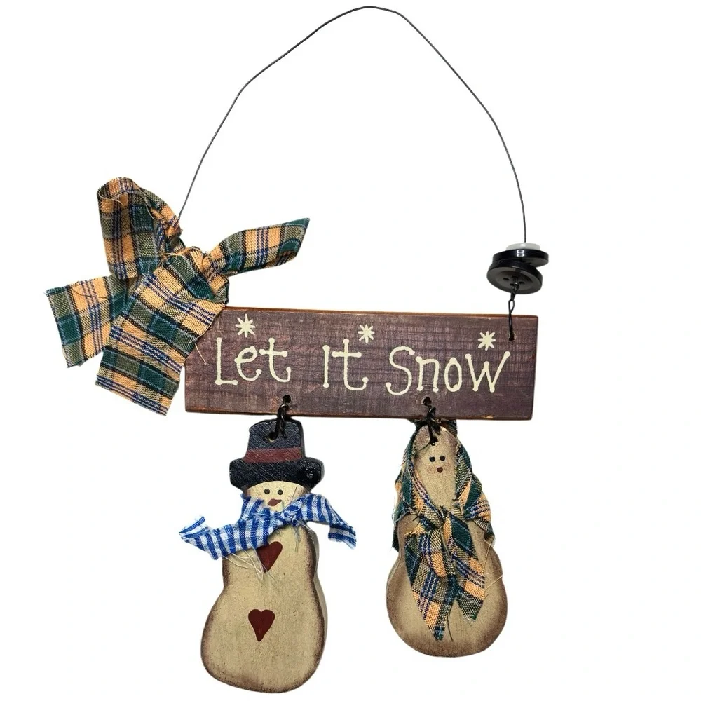 Vintage Snowman Ornaments Let It Snow Hand Painted Wooden Winter Christmas Decor